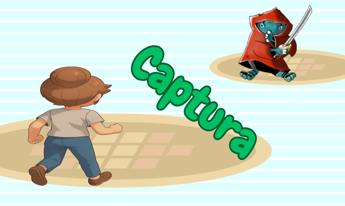 Imagen que muestra al jugadr en batalla con un monstruo rana ninja con un cartel que pone 'captura'