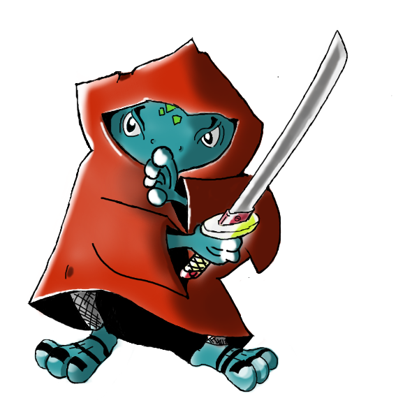 ilustración de una de las criaturas del juego. Un guerrero ninja encapuchado con capa roja.