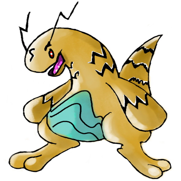 ilustración de una de las criaturas del juego. Un monstruo electrico con forma de dragon canguro